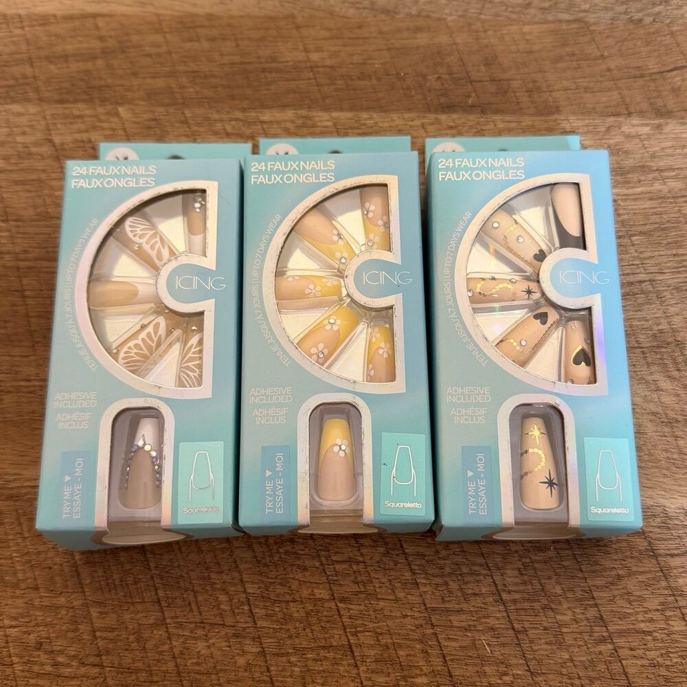 3 boxes false fake nails Squareletto shape (24 nails per box) adhesive glue